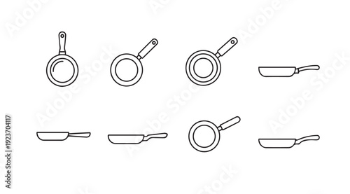 Frying Pan Icons Set, Various Angles and Perspectives, Line Art, Kitchenware Collection