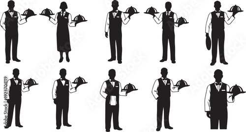 Silhouettes of waiters and waitresses holding trays in various poses