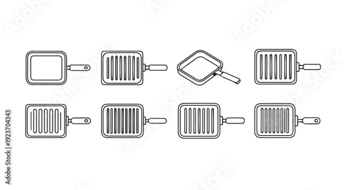 Grill Pan Set Icons: Various Angles and Styles, Line Art, Isolated on White