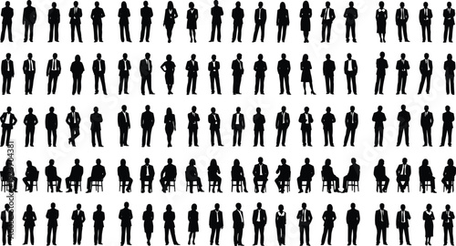 Black silhouettes of business people standing and sitting in office wear representing corporate team diversity and professional workforce isolated on white