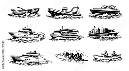 Vintage Boat Engraving Style Set with Waves and Water Splash Maritime Vessel Illustrations