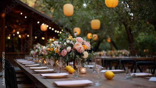 Romantic outdoor wedding reception features a rustic wooden table adorned with elegant floral centerpieces and lemons, creating a charming ambiance