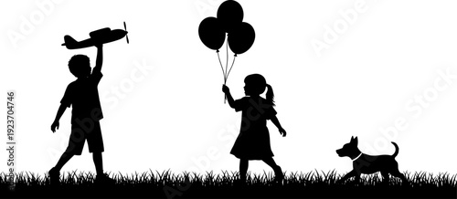 Happy children playing outdoors silhouettes, boy holding toy airplane, girl with balloons, pet dog running on grass, childhood summer fun vector,