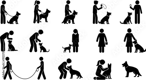 Black silhouette set of people with dogs, man and woman walking, training, and playing with pet, human and animal friendship vector,