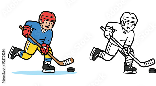 Cute cartoon ice hockey player skating with stick and puck, colored and black and white outline versions for coloring book.