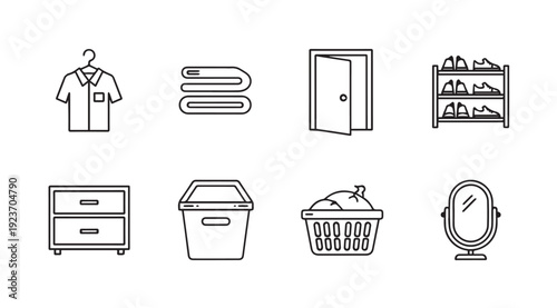 Household Icons Set: Clothing, Laundry, Storage, and Furniture Line Art
