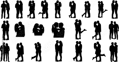 Romantic couple silhouettes set, loving man and woman hugging, sweet partners kissing collection, young lovers embracing poses, vector people illustration on white background,
