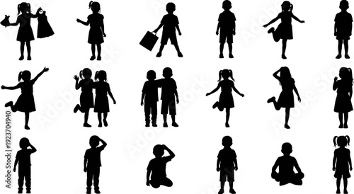 Collection, of, various, children, silhouettes, in, different, poses, including, standing, waving, playing, and, sitting, for, design, projects, and, school, activity