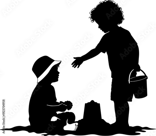 Silhouette, of, two, children, playing, together, on, the, beach, building, a, sandcastle, with, bucket, and, spade, during, summer, vacation, holiday