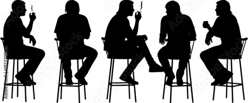 Men, sitting, on, bar, stools, smoking, talking, drinking, coffee, set, of, silhouettes, of, people, on, a, break, vector, illustration,