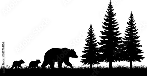 Bear family silhouette in forest, grizzly mother with cubs walking through pine trees vector, wilderness wildlife nature landscape, outdoor adventure animal graphics,