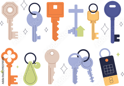 Colorful key collection illustration, modern flat key icons, security access design, house key vector set