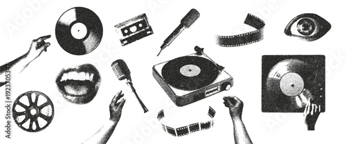 Retro photocopy effect music elements set. Turntable, vinyl record, hands, mouth, cassette. Grunge punk dotted texture for collage design. Vector.