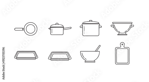 Kitchenware icons: frying pan, pots, colander, baking trays, bowl, cutting board