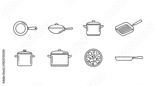 Kitchenware Icons: Pots, Pans, Grill Pan, and Pizza Slice - Line Art