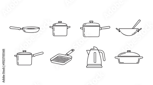Kitchenware Outline Icons: Pots, Pans, Kettle, Wok