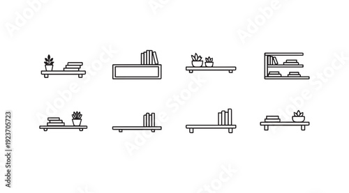 Line Art Collection of Bookshelves with Plants and Books