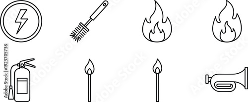 Fire safety and hazard warning line icon set, flame, extinguisher, lightning, match, vector illustration