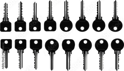 Modern house key silhouette set, metal security key collection, black icon pack, vector illustration