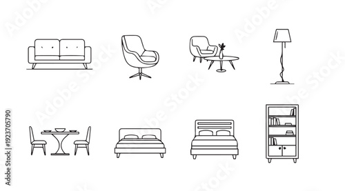 Line Art Furniture Collection: Sofa, Chairs, Bed, Dining Set, Lamp, Bookshelf