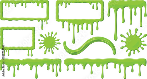 Green Slime Dripping Frames Vector Set with Goo Splashes and Liquid Borders Isolated Cartoon Horror Collection