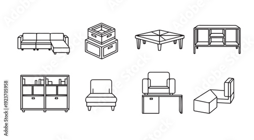 Line Art Furniture Icons: Sofa, Coffee Table, Cabinet, Chair, Ottoman, Storage