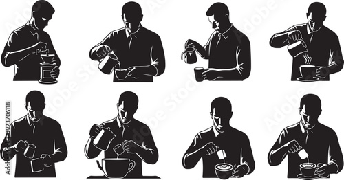 Silhouette of a man enjoying coffee in various poses