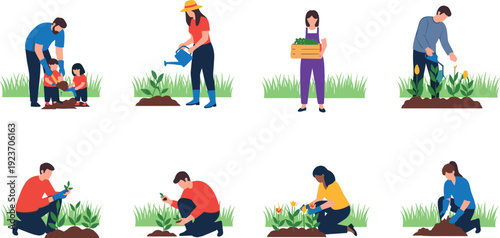 People Gardening Vector Set with Planting, Watering and Harvesting Activities Isolated Flat Character Collection