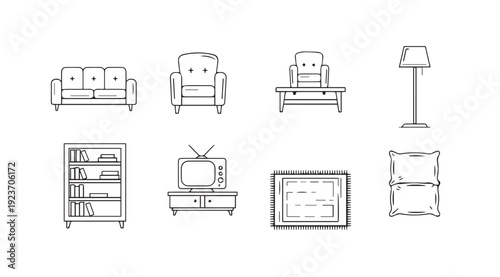 Living Room Furniture Icons Set Line Art