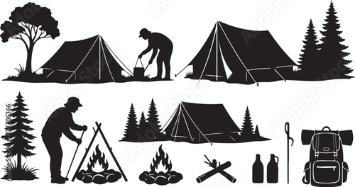 Camping in the woods with tents and outdoor gear