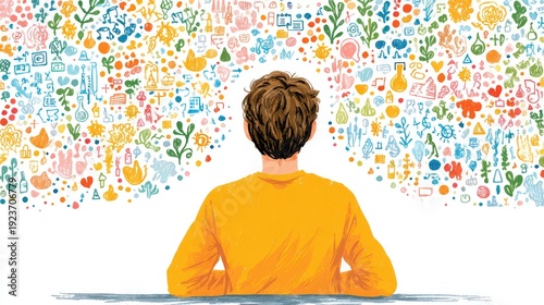 Neurodivergent Mind Illustration: A young person's head explodes with a cloud of colorful doodles representing ADHD, creativity, brainstorming, and imagination.