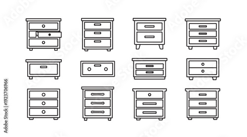 Nightstand Drawer Icons Set, Various Designs, Line Art, Isolated