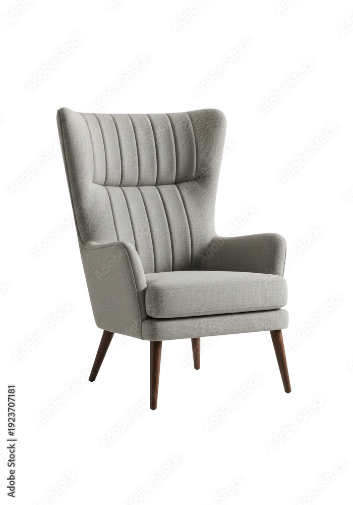 Fototapeta premium contemporary high-back armchair upholstered in light grey textured fabric with deep vertical channel tufting, showcased on tapered walnut legs against a transparent studio void, luxurious interior