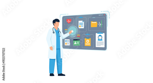 A male doctor in a lab coat interacts with a large digital screen displaying medical data and patient charts.