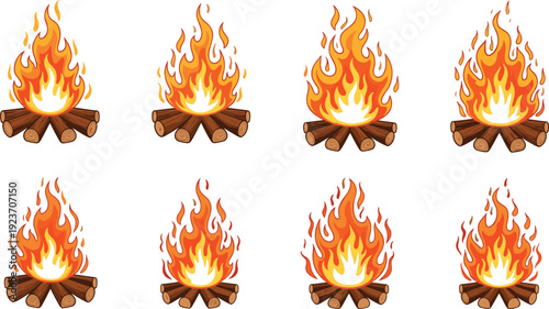 Cartoon Campfire Vector Set with Burning Fire Flames and Wooden Logs Isolated Outdoor Bonfire Collection