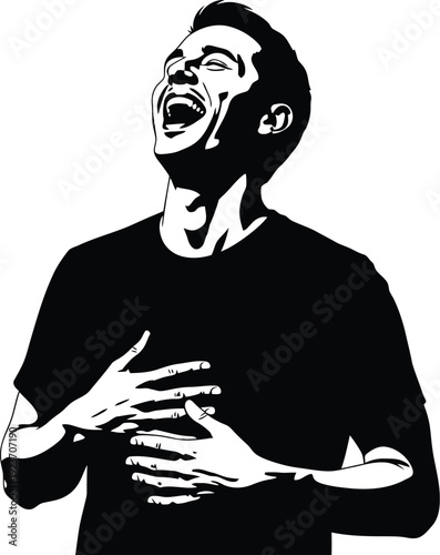 Man laughs heartily with hands clutching his stomach in joy outline.