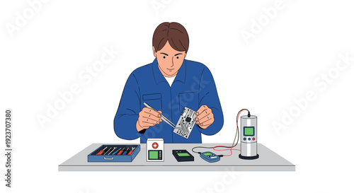 Male technician in blue overalls solders a circuit board with testing equipment and tools on a white table.