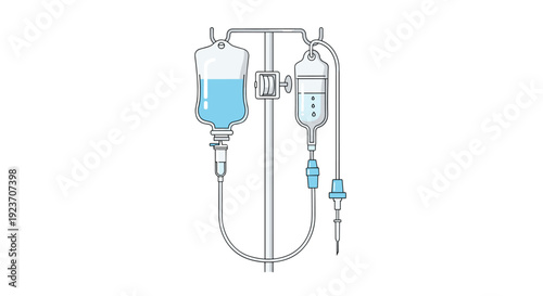 An IV pole with two bags of blue fluid, one large and one small, connected for infusion.