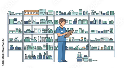 Female healthcare worker in blue scrubs checks inventory on a clipboard in front of shelves filled with medical supplies.
