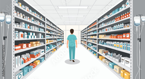 A healthcare worker walks down a pharmacy aisle, surrounded by tall shelves stocked with various medical supplies and IV bags.