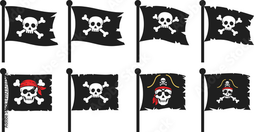 Pirate Flag Vector Set with Skull and Crossbones Jolly Roger Banners Isolated Black Collection for Nautical Design