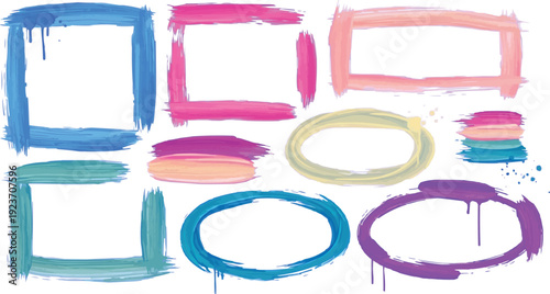 The image features a variety of frame shapes, including squares, ovals, and rectangles, all rendered in vibrant colors such as pink, purple, blue, yellow, and green. The frames appear to be painted 