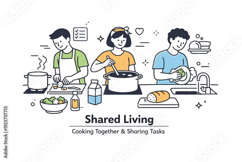Affordable living concepts. Shared living space where roommates cook together and split tasks. Cooperative lifestyle and reduced daily costs. Minimalist flat