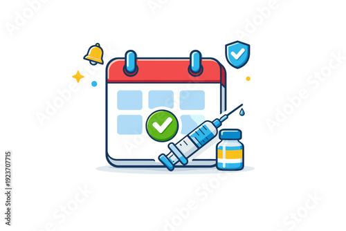 Vaccination campaigns shown as a simplified calendar with a marked vaccination day and a vaccine icon, highlighting planning, awareness, and timely protection.