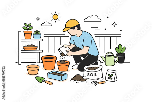 Small balcony garden setup. A person arranges pots and soil on a narrow balcony, planning plant placement with simple tools nearby. The mood