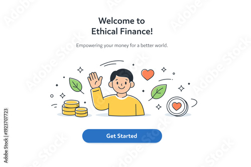 Ethical Finance App Interface. Welcome to ethical finance. A mobile app screen showing a friendly greeting with icons of leaves, coins, and hearts floating