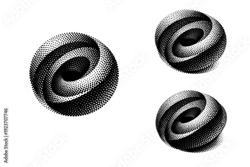 Halftone abstract motif A single abstract halftone motif shown in three views including centered front view, offset view, and three-quarter angled view. Black
