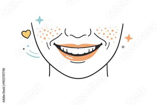 Wrinkles and freckles close-ups. Close-up of a smiling mouth and cheeks, freckles and laugh lines visible. Editorial illustration emphasizing joy, character,