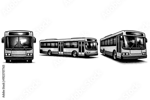 Comic style halftone bus illustrated as one public transport vehicle object shown in three views: front view, side view, and three-quarter view highlighting