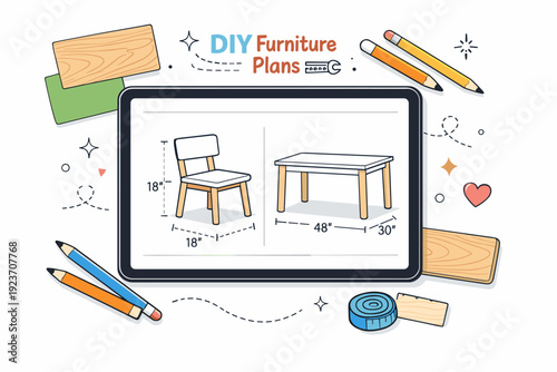 Modern DIY furniture plans. A tablet displays clean line drawings of a chair and table, surrounded by pencils and wood textures. The illustration conveys